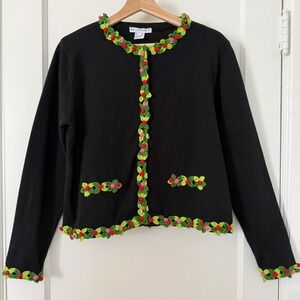 Vntg Bellepointe 3D Floral Crochet Cardigan Sweater Black L: Novelty Grannycore